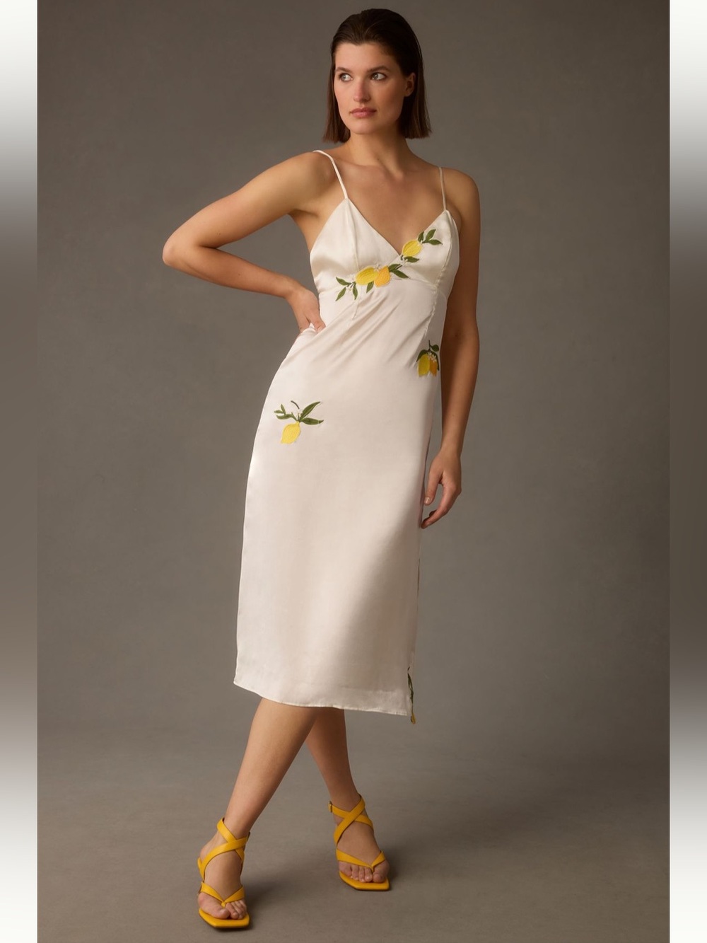By Anthropologie White Satin Lemon Embroidered Midi Slip Dress NWOT